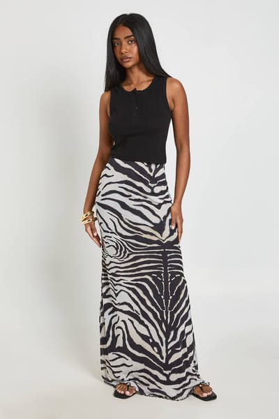 boohoo Dames Maxi Mesh Rok Met Zebraprint | Zwart | Maat: 40