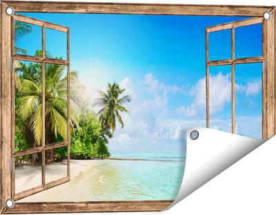 Gards Tuinposter Doorkijk Tropisch Strand bij de Licht Blauwe Zee - 60x40 cm - Tuindoek - Tuindecoratie - Wanddecoratie buiten - Tuinschilderij