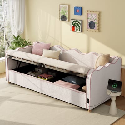 Sweiko Slaapbank - 90 x 200 cm - Opbergruimte - Gestoffeerd bed - USB-aansluiting - Bouclé-stof - Beige + Roze