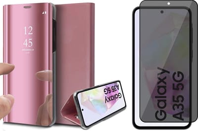 Hoesje geschikt voor Samsung Galaxy A35 - Privacy Screenprotector Volledig Dekkend Glas - Spiegel Book Case Rosegoud