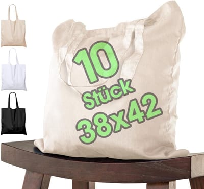 Famanu Katoenen tas 38x42 cm 10 stuks onbedrukt, stoffen tas met lange steel draagtas, tas, katoenen tas, jute tas