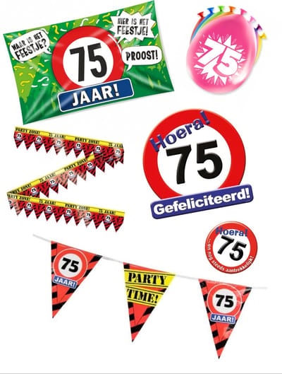 75 jaar verjaardag versiering pakket – vlag - gevelvlag – ballon – paperdreams