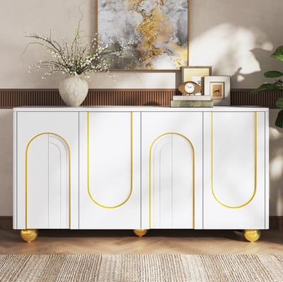 FloraGrace Dressoir - Vierdeurs Opbergkast Met Gouden Boogdetail - Voor Eetkamer Hal En Woonkamer - MDF En Spaanplaat - 140x40x74 Cm - Wit