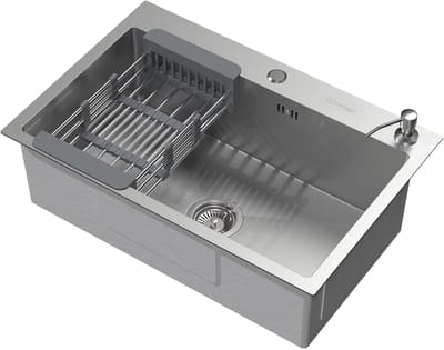 Inbouwspoelbak 68 x 45 cm, zilverkleurig, met afvoerset en zeepdispenser; roestvrijstalen keukenspoelbak ML-Design