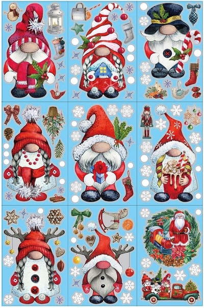 9 Sheets Christmas Window Stickers Double Sided Christmas Window Slings Tree Dwarf Santa Snowflakes PVC Static Window - ShopVlot