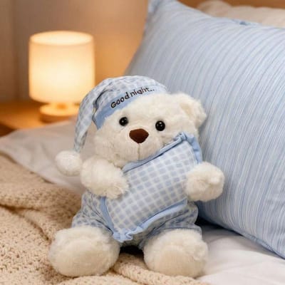 Schattige Goedenacht Teddybeer Pluche Speelgoed Pluizige Witte Beer Knuffeldier Met Pyjama Kussen En Nachtmutsje Kawaii Beer Pluche Pop 30cm beige