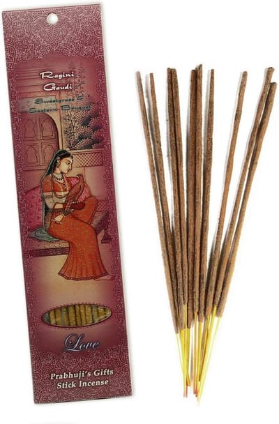 Wierooksticks, handgerold, 'Ragini Gaudi' met veenreukgras en oosters boeket, 20 sticks