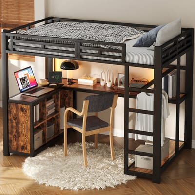 OKWISH Hoogslaper 140x200 cm - Met Bureau en Ledverlichting - Met Opbergruimte en Usb-Aansluiting - Modern Metaal - Zonder Matras - Zwart