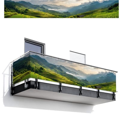Balkonscherm 500x75 cm - Balkonposter Rijstvelden - Bergen - Groen - Natuur - Balkon scherm decoratie - Balkonschermen - Balkondoek zonnescherm