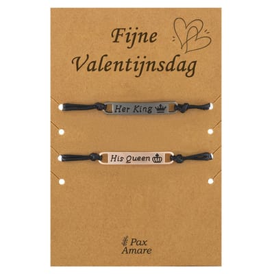 Koppel Armbandjes voor 2 "Fijne Valentijnsdag" - His Queen Her King - Vriendschapsarmbandjes met Persoonlijk Cadeau Kaartje - Zwart & Rosé Goud - Elastisch Verstelbaar - Pax Amare