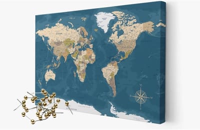 Akoestische Wereldkaart - Prikbord Kaart - Geluidsabsorptie Decoratie - Geïntegreerde Geluidsisolatie - 90x60 cm - Blauw
