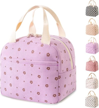 Leuke lunchtas - Unisex - Corduroy materiaal - Herbruikbaar - Lunchtas - Geïsoleerde lunchtas met grote capaciteit - Koelbox - Geschikt voor werk, reizen, picknicks en buitenactiviteiten - Paars bloemenpatroon