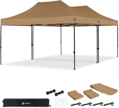 VONROC Partytent – 6x4.5 m – Premium easy-up Partytent - Set incl. 2x Tent en 1x Koppelsys-teem - Modulair Ontwerp – Opvouwbaar – Waterdicht – Stalen Frame - 50+ UV Bescherming - Incl. Opbergtassen – Beige