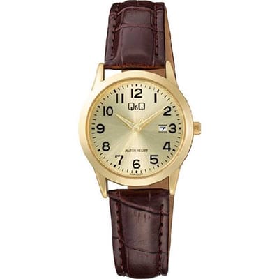 Q&Q-dameshorloge-model a45a-006py-goudkleurig-datum-bruin leder-3 atm waterdicht-diameter 30 mm-duidelijke wijzerplaat