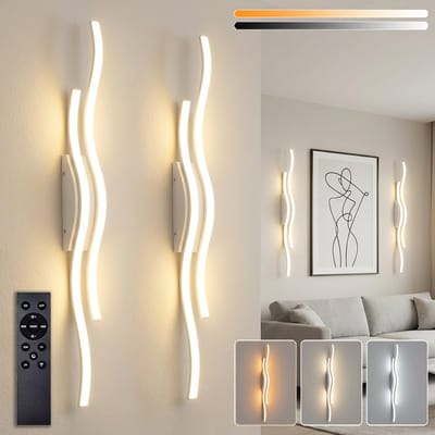 MUPOO Set van 2 Oplaadbare Wandlamp Binnen Wit – Draadloze LED Wandlampen met Wavy Line Design – Dimbaar 3000K-6500K – Touch & Afstandsbediening – USB-C – Moderne Muurlampen voor Woonkamer Slaapkamer Gang