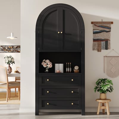BLACKCOLORS Hoge opbergkast met lades en deuren, aparte hoge opbergdeur voor de keuken en woonkamer, gebogen zwarte planken met open tentoonstellingsruimte