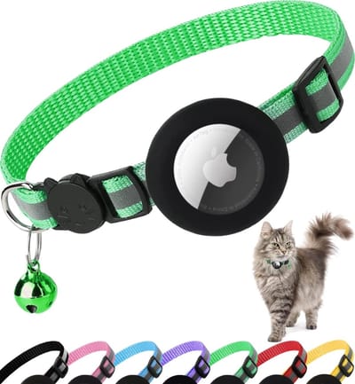 Kattenhalsband Airtag, Reflecterende Halsband voor Katten met Veiligheidssluiting, Air Tag-Beschermhoes en Belletje, Geschikt voor Katten Van Alle Groottes, 1 CM Breed en Lichtgewicht(Groen)