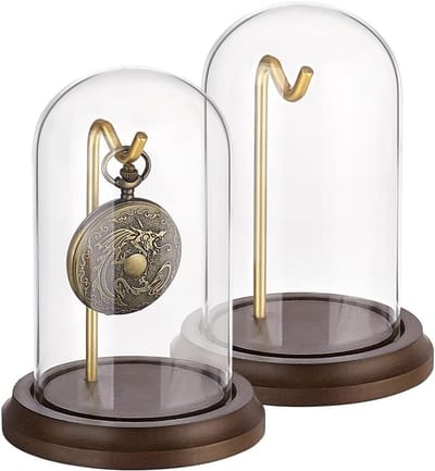 2 Stuks 4x5 Inch Klok Display Dome met Metalen Haak en Houten Basis voor Pocket Watches, Medailles en Verzamelobjecten
