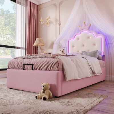DESMIU Gestoffeerd Kinderbed 90 x 200 cm Zonder Matras Koninklijke Prinsessenstijl Met LED Sfeerverlichting Hydraulische Opbergruimte PU Roze