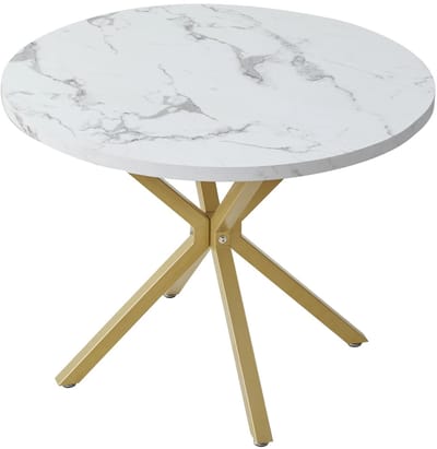 Geargalaxy Eettafel - Dining Tafel - Keukentafel - Restauranttafel - Eetkamertafel - Marmerlook Tafelblad - 100x77x3,5cm - Wit & Goud
