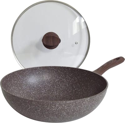 Wok van aluminium met anti-aanbaklaag, steenlook, houtefect handvat, glazen deksel, geschikt voor inductie, diameter 28 cm