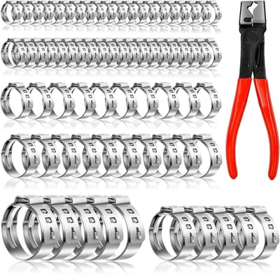 Set van 70 enkele slangklemmen met tang, 304 roestvrij staal, voor slangen, gasauto's en tuin (6 maten, 6.8-25.6mm)