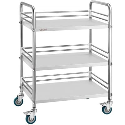 VEVOR Roestvrijstalen Trolley, 3-Laags Rolwagen voor Laboratorium en Keuken Met Vergrendelbare Wielen, Serveerwagen voor Medische Faciliteiten, Mobiel Serveerblad voor Ziekenhuizen, Restaurants en Keukens.