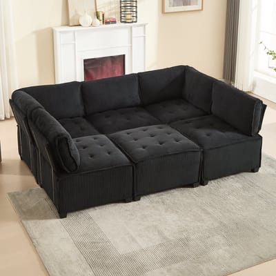 MODFU Modulaire 6-Zits Bank - Ergonomisch En Flexibel Opstelbaar - U-Vorm, L-Vorm Of Slaapbank - Ribstof - Zwart - 308 X 154 X 81,99 Cm