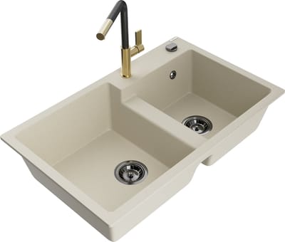 Mexen Tomas granieten gootsteen 2-kamer met keukenkraan Flora, beige - 6516-69-670401-57-B