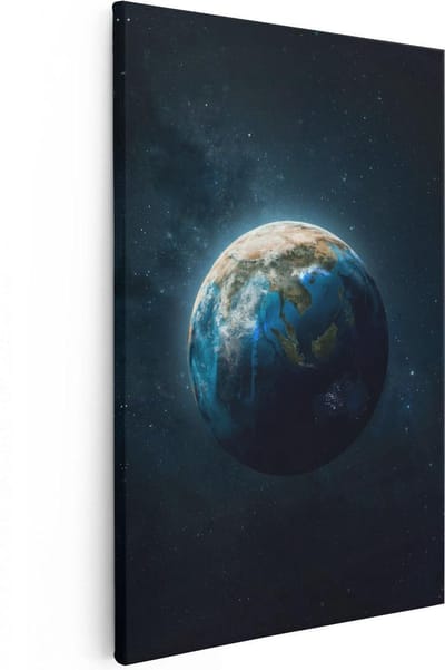 Artaza Canvas Schilderij Wereldbol - 20x30 cm - Klein - Muurdecoratie Universum - Wanddecoratie Ruimte - Kamer Accessoires Sterren