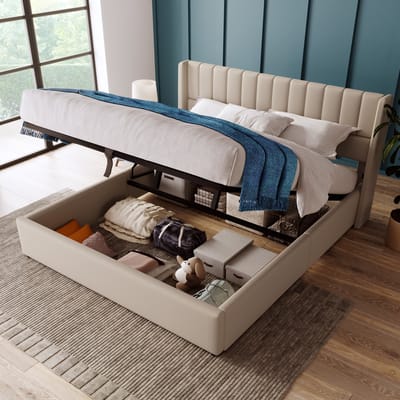 MODFU Ledikant 140x200 cm – beige linnen – met hydraulische opbergruimte en gestoffeerd hoofdbord