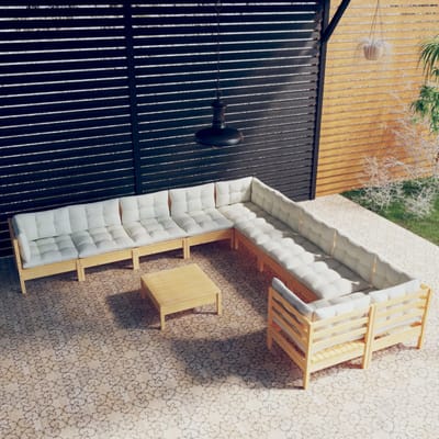 vidaXL - 11-delige - Loungeset - met - crèmekleurige - kussens - grenenhout