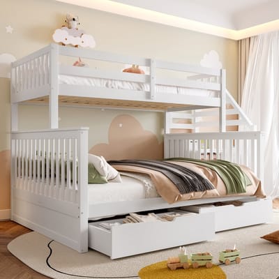 Stapelbed - 90x200cm - 140x200cm - met lades - met opbergruimte - zonder matras - wit