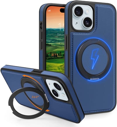 Perfeqt hoesje geschikt voor iPhone 15 Plus leren BackCover met 360° Kickstand & Keyring houder - Royal Blue