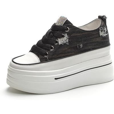 Chaussures en toile à semelle intérieure rehaussante pour femmes 8 cm Automne Nouvelle petite taille Strass Fond épais Baskets Chaussures à plateforme décontractées assorties 40 noir