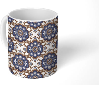 Mok - Koffiemok - Floraal - Ornament - Blauw - Mokken - 350 ML - Beker - Koffiemokken - Theemok
