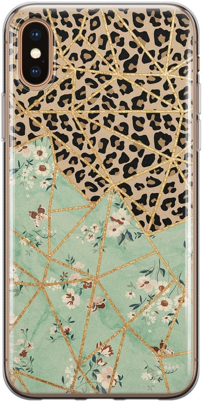 Leuke Telefoonhoesjes - Hoesje geschikt voor iPhone Xs Max - Luipaard bloemen print - Soft case - TPU - Luipaardprint - Groen