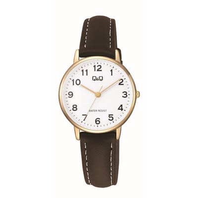 Q&Q C65A-003PY - Horloge - Polshorloge - Analoog - Dames - Vrouwen - Leren band - Rond - Metaal - Cijfers - Zwart - Goudkleurig