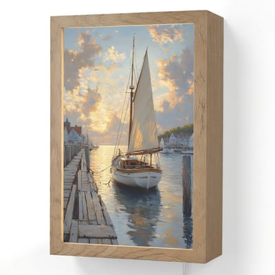 Wandlamp 20x30 cm - Oplaadbaar - Zeilboot - Zon - Pier - Hout - Wandlampen binnen woonkamer - Slaapkamer lamp met kabel - Decoratieve nachtlamp - Vloerlamp snoer
