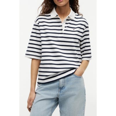 Tommy Hilfiger Interlock Relaxed Ss Polo Breton Stripe Ecru/dark Night Navy Größe: M | Poloshirts Outlet | Damen | Schwarz