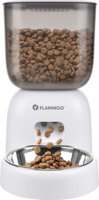 Flamingo automatische voerbar hond en kat – Voederautomaat met timer & opnamefunctie – 3L droogvoer – Model Blido – Wit