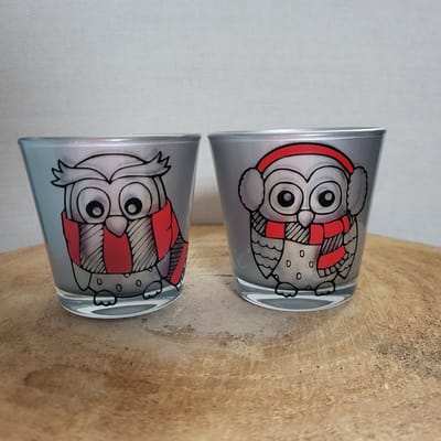 Set van 2 Theelichtjes - Kerst - zilver glas - uiltjes