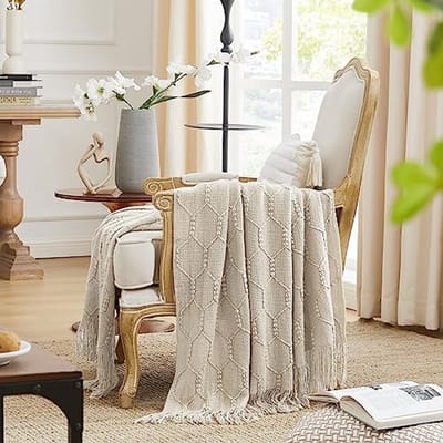 Zachte gebreide deken - Effen beige, 127 x 152 cm, decoratieve banksprei