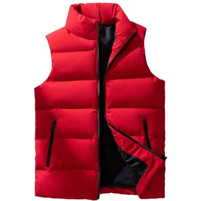 Klassiek Heren Gilet Heren Winddicht Mouwloos Gilet met Opstaande Kraag Rits Sluiting Zakken Effen Kleur Gilet voor Buiten M rood