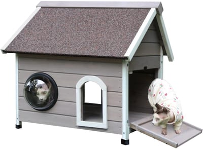 Kattenhuis voor buiten, houten kattenhuis voor buiten, klein huisdierenhuis met unieke vorm, koepelraam, ontsnappingsdeur en afneembare zolder, grijs