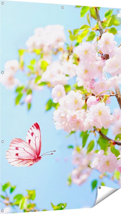 Gards Tuinposter Twee Roze Vlinders bij Roze Bloesem Bloemen - 100x150 cm - Tuindoek - Tuindecoratie - Wanddecoratie buiten - Tuinschilderij