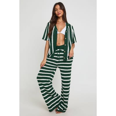 boohoo Dames Gestreept Grofgehaakte Oversized Shirt En Broek Co-ord | Green | Maat: Small