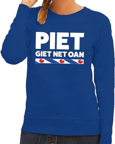 Blauwe sweater met Friese uitspraak Piet Giet Net Oan dames - Friese weerman tekst trui XS