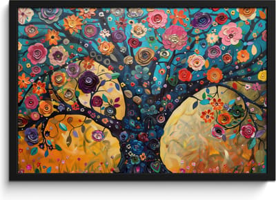 Poster in lijst - Fotolijst 60x40 cm - Posters - Boom - Levensboom - Kleurrijk - Bloemen - Modern - Posterlijst zwart - Decoratie - Wanddecoratie woonkamer - Muurdecoratie slaapkamer