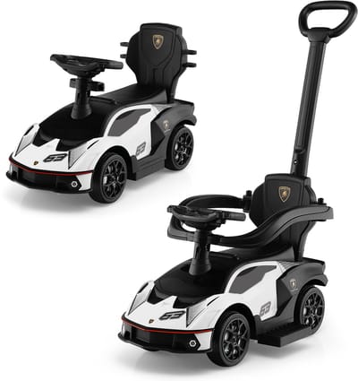 COSTWAY Lamborghini, glijauto met schuifstang en opbergruimte, schuifauto met stuurwiel, claxon en motorgeluid, 3-in-1 glijbaan voor kinderen vanaf 1 jaar (wit)